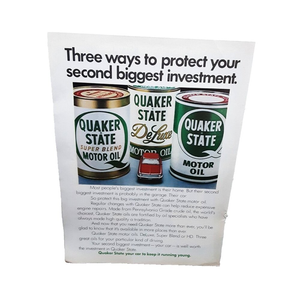 1975 Quaker State Motor Oil Various Cans displayed Original Print Ad 70s